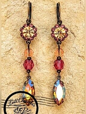 Sparkling Peach & Pink Rose Mettalic AB Swarovski Crystal In Long Brass Earrings
